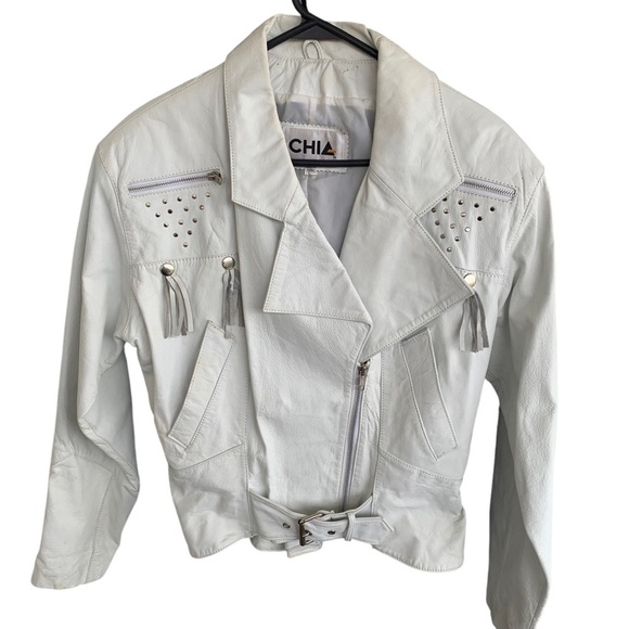 Vintage 80s Chia Moto Embellished Fringe Rocker Coat white Leather Jacket Large - Picture 5 of 9